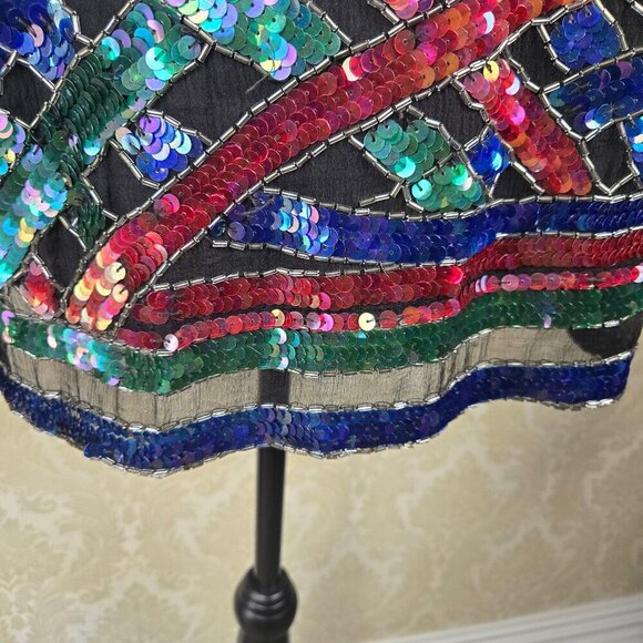 Vintage 80's Silk Sequin Beaded Evening Blouse Blue Green Fuchsia Black - Picture 4 of 16